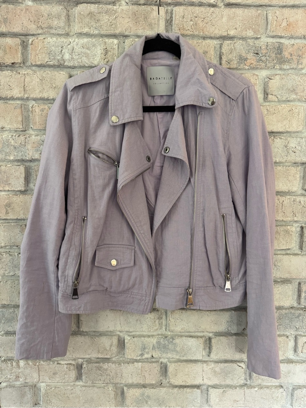 BAGATELLE Purple
Zippered Pocketed Linen Blend 
Cropped Motorcycle Jacket